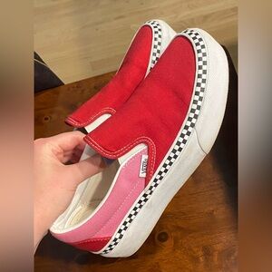 Vans red and pink slip-ons with checkered edges